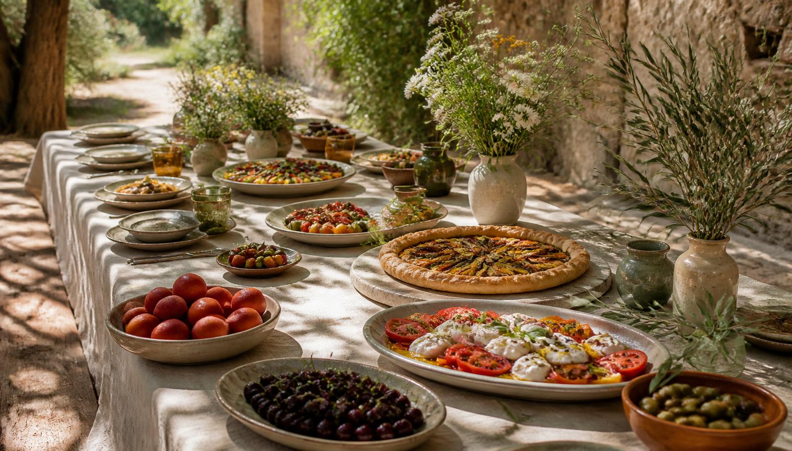 Grande table de traiteur dressée en Provence, tartes de saison, burrata et fruits